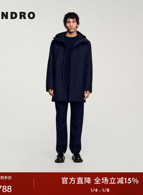 SANDRO Outlets秋冬男装法式简约时尚深蓝色连帽拉链门襟棉服外套