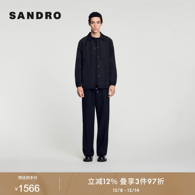 SANDRO Outlets秋冬男装法式休闲通勤黑色抽绳翻领长袖夹克外套