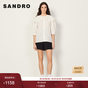 棉质衬衫 SANDRO 气质娃娃领蕾丝镂空泡泡袖 时尚 Outlets春夏女装