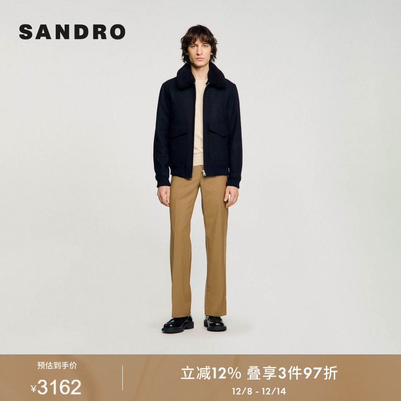 SANDRO Outlets秋冬男装时尚羊毛混纺毛翻领毛呢飞行员夹克外套