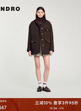 SANDRO Outlets秋冬女装法式气质复古棕黄色拼接皮革翻领毛呢外套