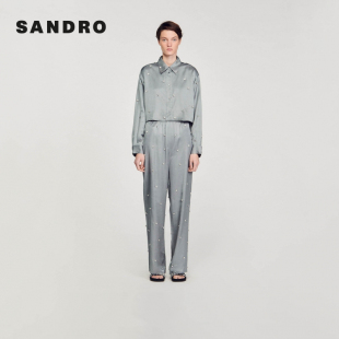 时尚 法式 优雅灰色闪耀仿钻短款 长袖 SANDRO 衬衫 Outlets秋冬女装