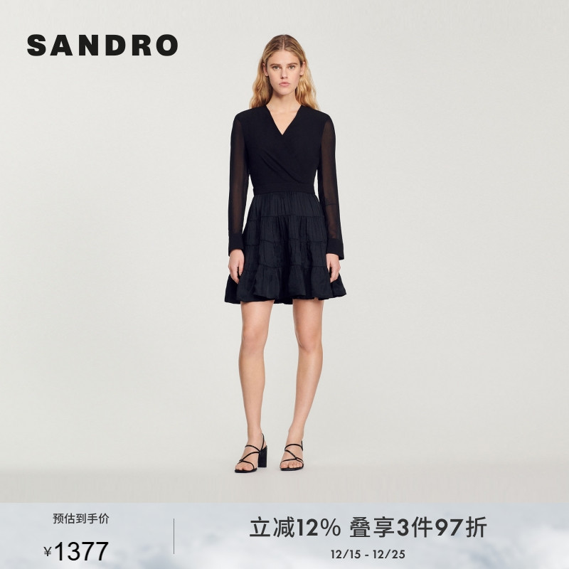 优雅交叠V领 拼接半透视网纱 褶皱A字半裙