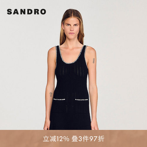 线上专享SANDRO Outlets女装法式时尚花型串珠露背针织连衣裙