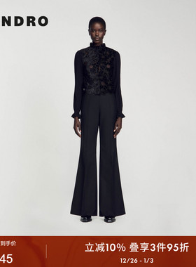 SANDRO Outlets秋冬女装法式优雅刺绣花边立领黑色针织毛衣上衣