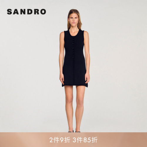 线上专享SANDRO Outlets女装法式简约无袖收腰扣饰针织连衣裙