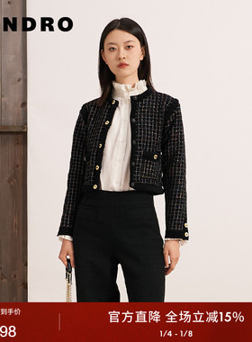 SANDRO Outlets秋冬女装经典气质黑色格纹细闪圆领针织开衫外套