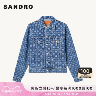 Outlet男装 SANDRO 休闲复古棋盘格短款 蓝色牛仔外套SHPBL00534