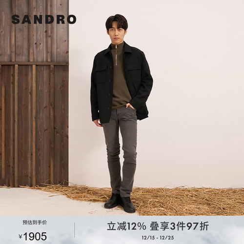 SANDRO Outlets秋冬男装经典款法式时尚通勤黑色翻领口袋长袖衬衫