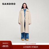 法式 SANDRO Outlets秋冬女装 简约羊毛革翻领系扣绒面毛呢大衣外套
