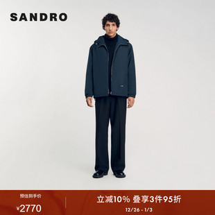 SANDRO 简约深蓝色可调节抽绳拉链连帽棉衣外套 Outlets秋冬男装