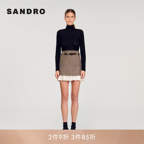 SANDRO Outlets女装法式棕色格纹白色拼接花边裙摆半身短裙