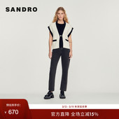 法式 SANDRO Outlets秋冬女装 简约休闲绵羊毛混纺撞色V领针织上衣
