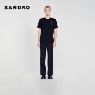 SANDRO 休闲正肩龙刺绣图案黑色圆领棉质宽松T恤 Outlets春夏男装