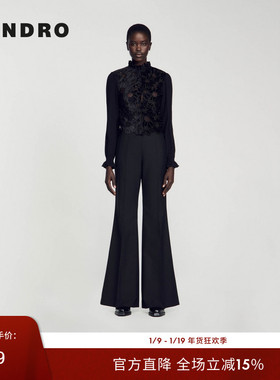 SANDRO Outlets秋冬女装法式优雅刺绣花边立领黑色针织毛衣上衣