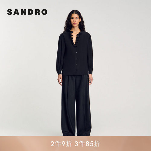 线上专享SANDRO Outlets女装法式穿搭木耳领边桑蚕丝衬衫