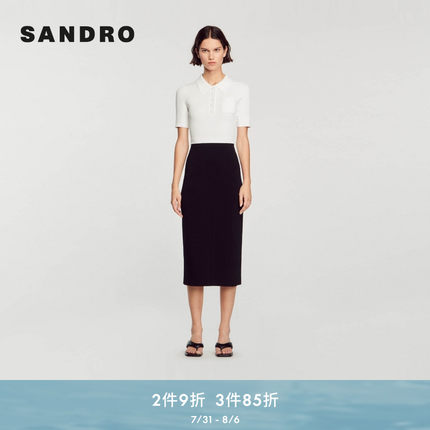 SANDRO Outlets女装撞色气质修身拼接长款针织连衣裙SFPRO03187