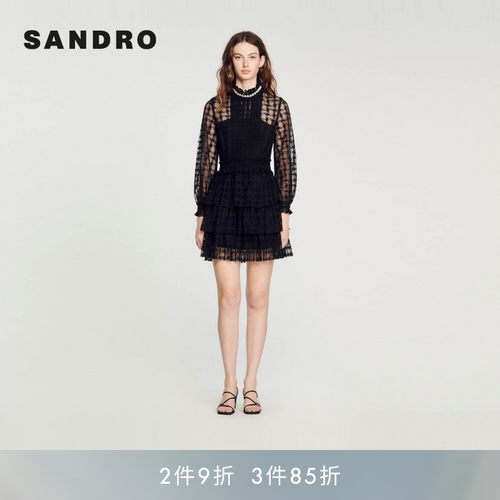 SANDRO高领荷叶边蕾丝连衣裙