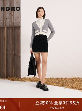 SANDRO Outlets秋冬女装法式简约气质灰色经典V领撞色针织上衣