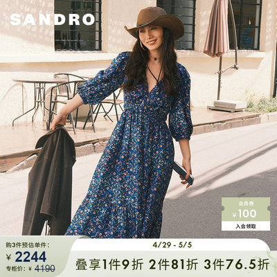 【博主同款】SANDRO Outlet女装碎花桑蚕丝蓝色连衣裙SFPRO02855