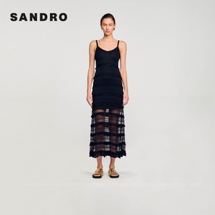 Outlets夏季 优雅黑色吊带长款 女装 时尚 针织连衣裙 法式 SANDRO