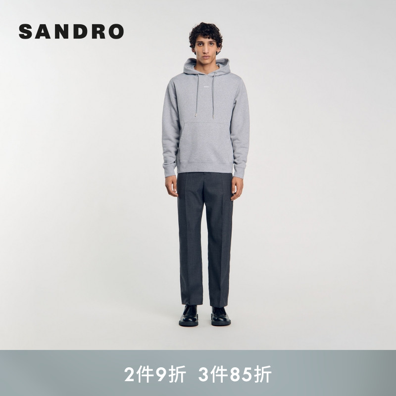SANDRO Outlets秋冬男装法式时尚休闲格雷系棉质连帽抽绳针织卫衣