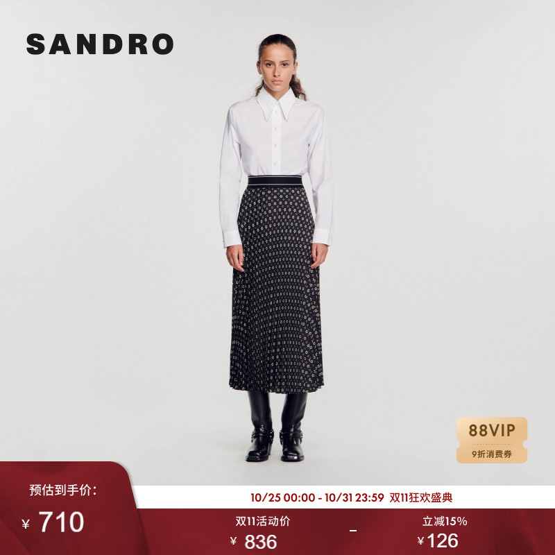 SANDRO时尚百褶黑色半身长裙