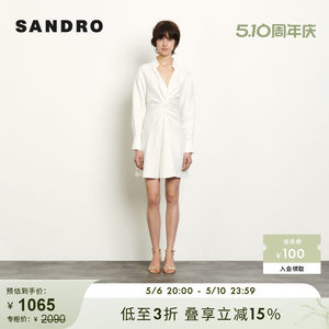 SANDROOutlet女装V领时尚通勤垂坠感收腰白色连衣裙SFPRO01105