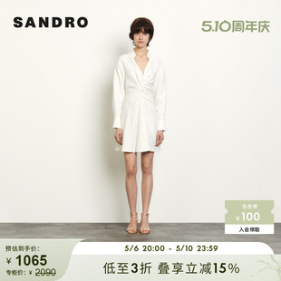 V领时尚 SANDROOutlet女装 通勤垂坠感收腰白色连衣裙SFPRO01105