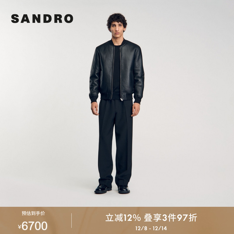 SANDRO Outlets秋冬男装法式简约羊毛革黑色拼接领收腰夹克外套