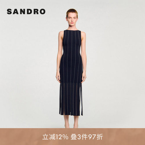 线上专享SANDRO Outlets女装法式仿珠饰宽条流苏针织连衣裙