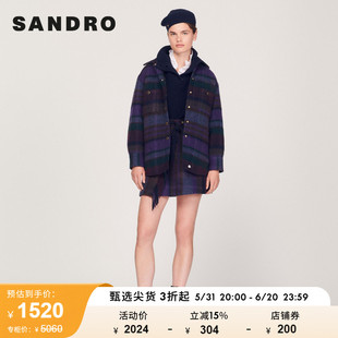 SANDRO Outlet女装法式长袖格纹衬衫式毛呢上衣外套SFPOU00471