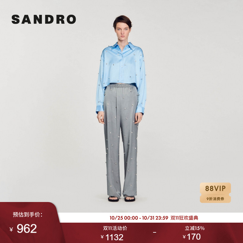 SANDRO亚麻混纺垂坠感灰色直筒裤