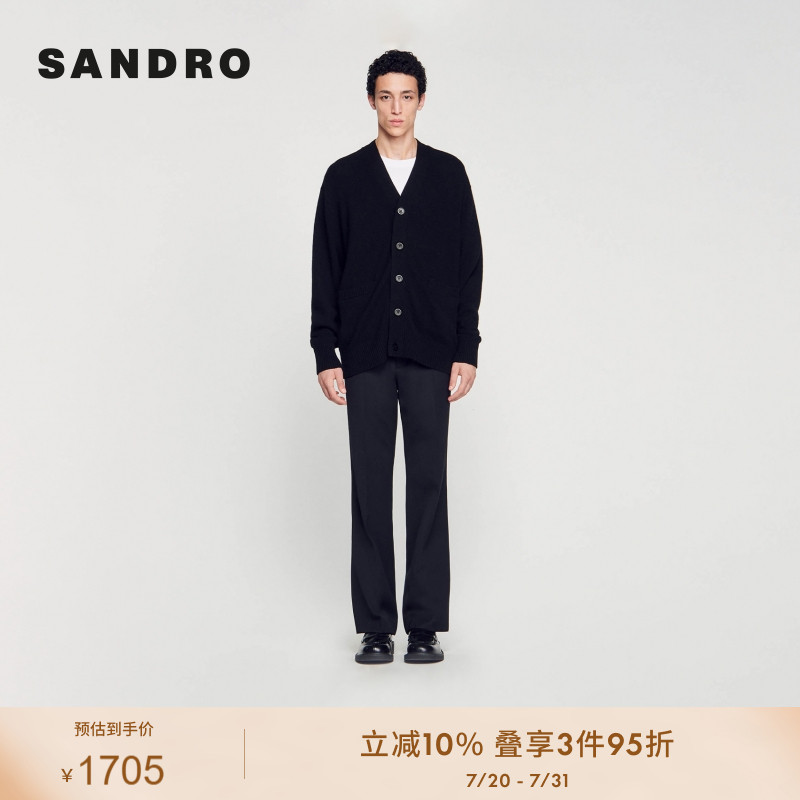 SANDRO Outlets24春秋男装法式休闲V领黑色针织开衫SHPTR00505