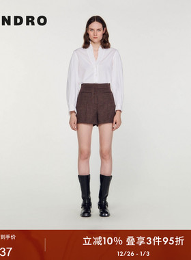 SANDRO Outlets秋冬女装法式气质复古粗花呢红棕色高腰直筒短裤