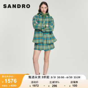 SANDRO Outlet女装休闲蓝绿色格纹衬衫式羊毛毛呢外套SFPOU00479