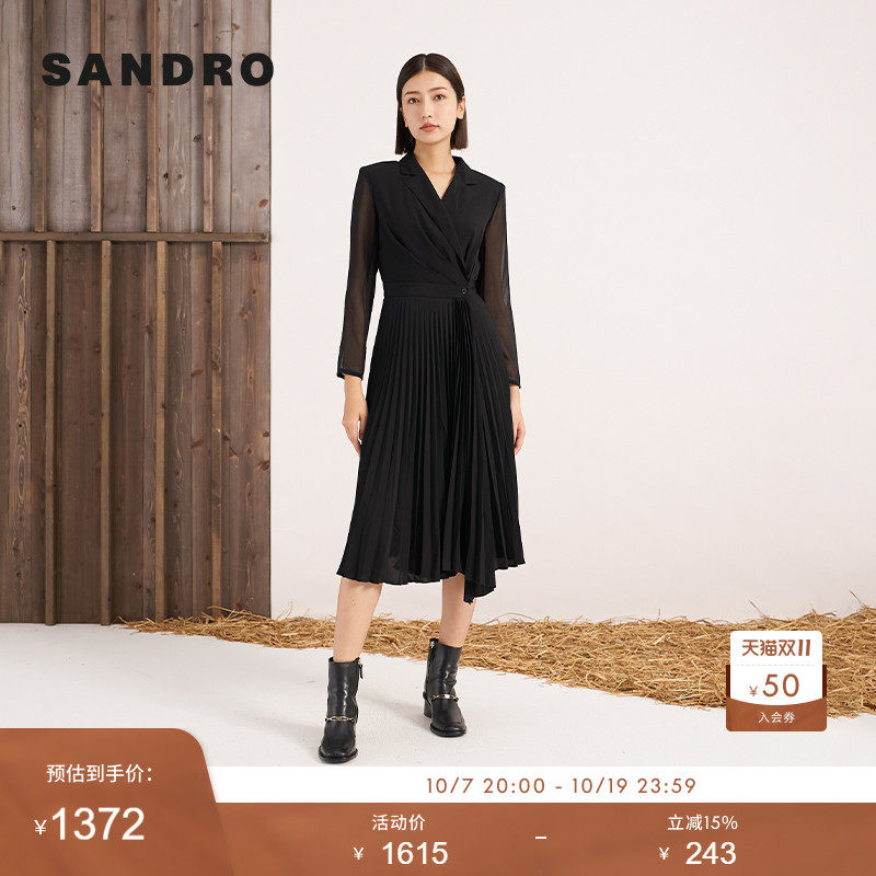 SANDRO Outlets女装法式时尚优雅气质黑色V领收腰百褶连衣裙