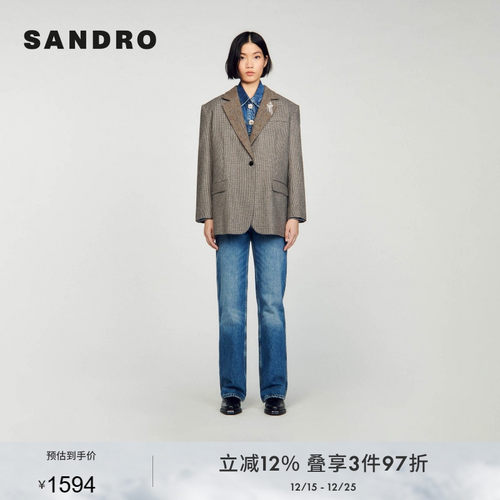 SANDRO千鸟格翻驳领直筒西装外套