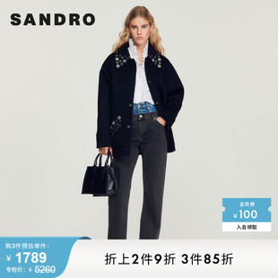 翻领金属环扣休闲黑色毛呢外套SFPOU00432 SANDRO Outlet春秋女装