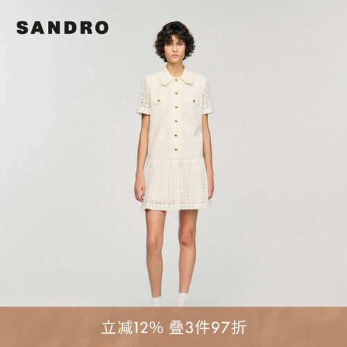 SANDRO Outlets女装法式时尚气质小花边娃娃领百褶短袖连衣裙