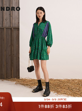 SANDRO Outlets秋冬女装法式复古时尚绿色印花图案可松紧腰连衣裙