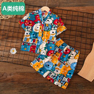 睡衣男孩棉绸女童女孩宝宝空调服家居服绵绸 短裤 全棉夏季 儿童短袖