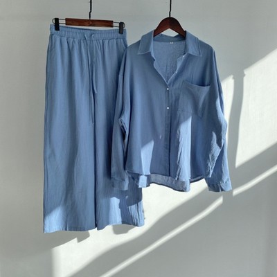 Ladies 2 Piece Set 2024 Cotton Linen Shirt Suit Loose Pants