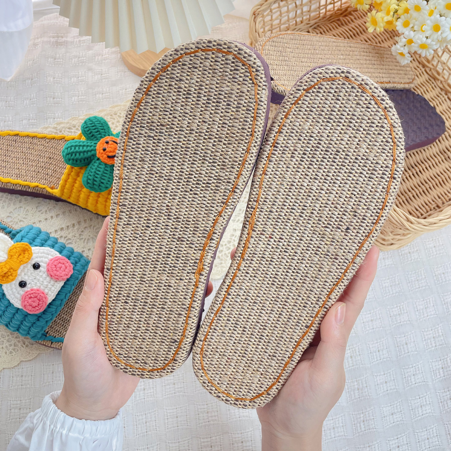 手工钩织勾线编织布条线凉拖鞋女亚麻鞋底子勾鞋材料夏季防滑耐磨