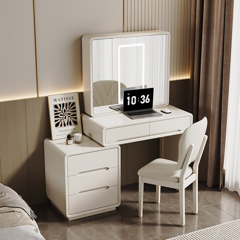 奶油风全实木梳妆台镜子可折叠隐藏化妆桌卧室现代简约新款收纳柜