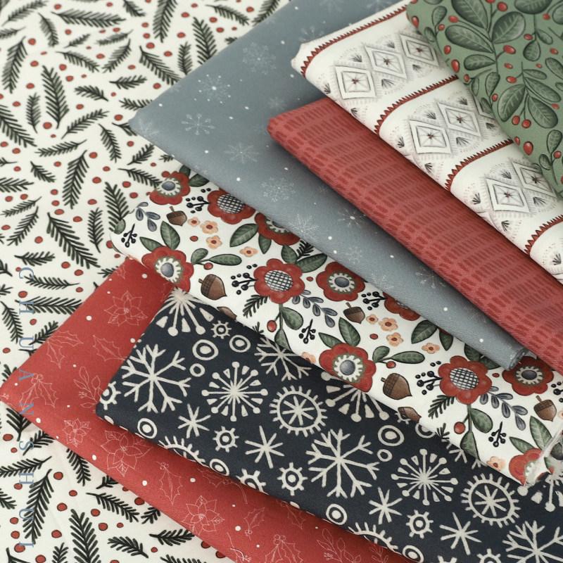 川水品牌 纯棉布料花枝松果橄榄红蓝配色雪花纹理条纹布艺手工diy