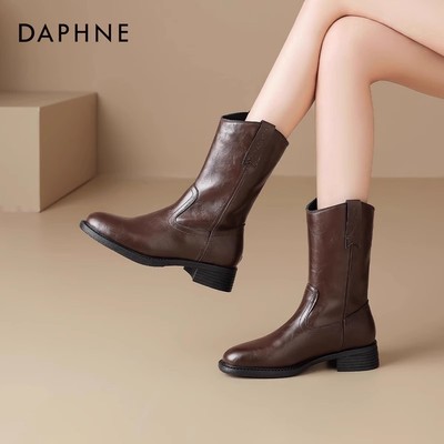 达芙妮复古西部牛仔靴中筒骑士靴