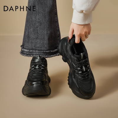 达芙妮黑色厚底老爹鞋增高运动鞋