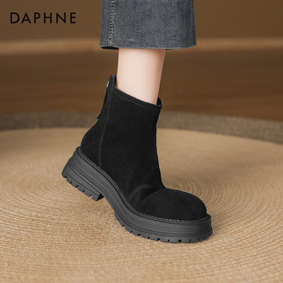 达芙妮厚底短靴女黑色绒面真皮