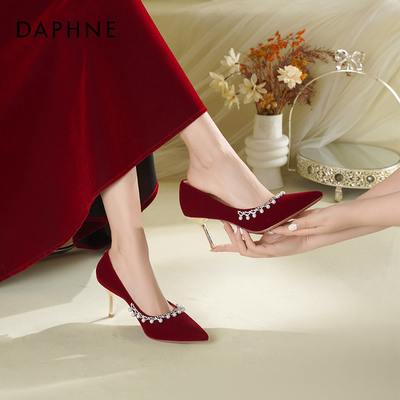 达芙妮红色水钻新娘高跟鞋
